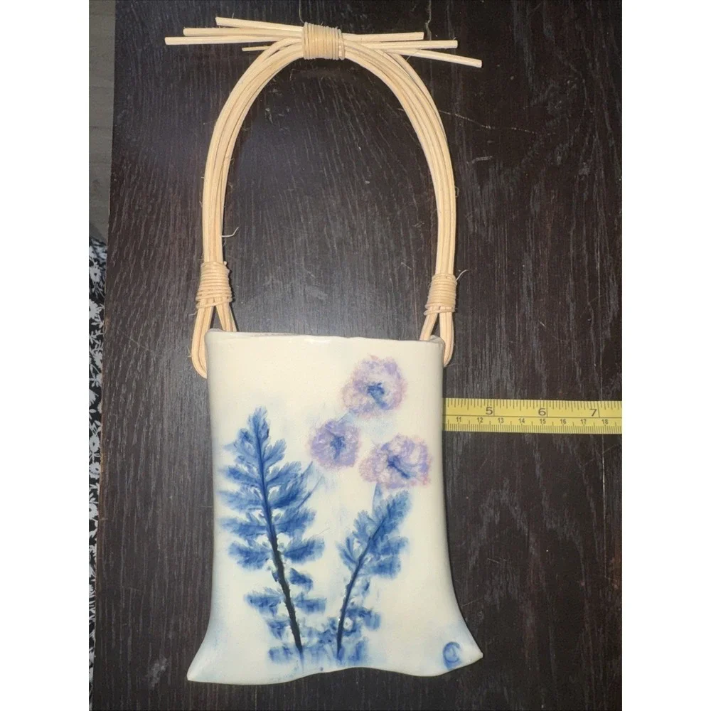 Art Pottery Handmade Wall Pocket Floral Vase Blue Multicolor‎ 11.75